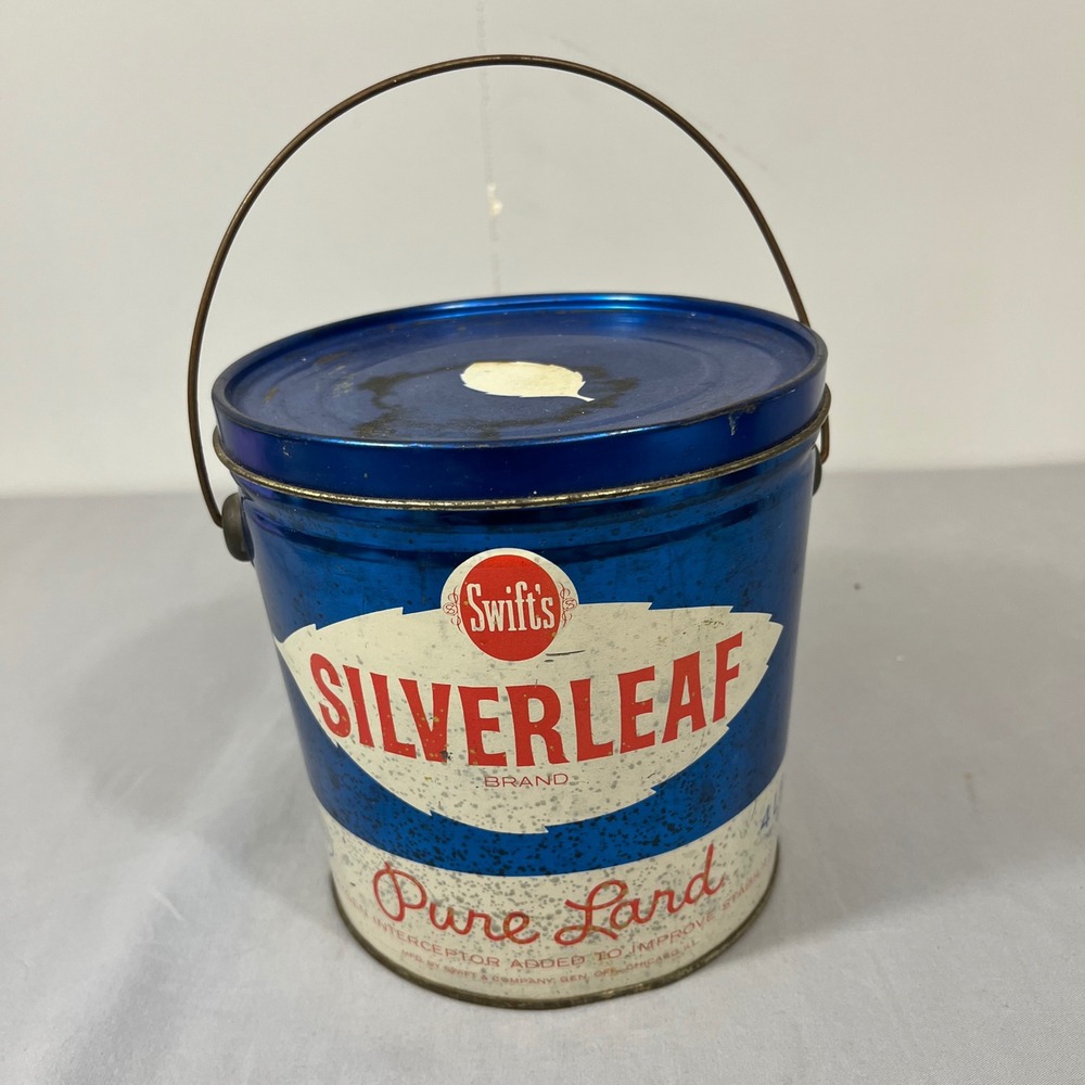Vintage Swifts Silverleaf Pure Lard Tin Bucket Martha Logan Recipes Blue 4 Lb